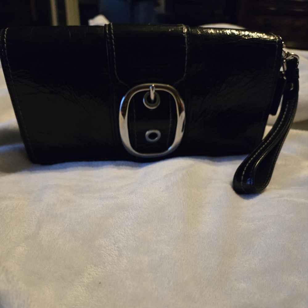 Coach Patent Black Leather Wristlet/Clutch  with Silver Accents